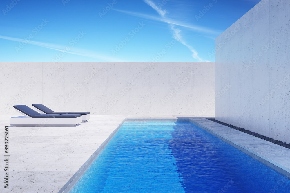 luxury modern backyard with a swimming pool, 3d rendering