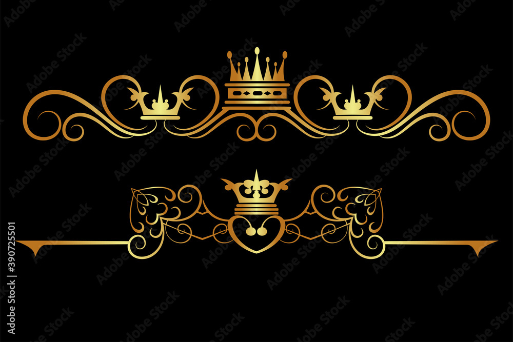 Gold calligraphic elements for your design isolated on black background, royal style, vintage, vector art Gold calligraphic elements for your design isolated on black background, royal style, vintage, vector art
