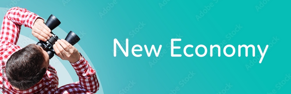 Fototapeta premium New Economy. Man observing with binoculars. Focus on text/word. Panorama format. Blue/turquoise background.