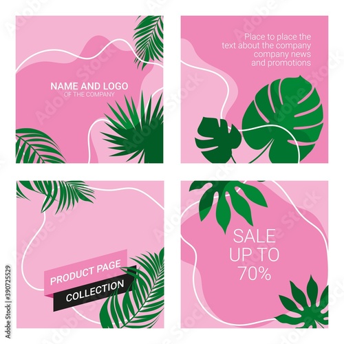 Square advertising banners for social networks, background for promoting cosmetic products, placing photos and text, beautiful tropical leaves in vector
