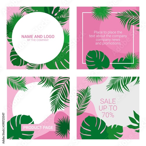 Square advertising banners for social networks, background for promoting cosmetic products, placing photos and text, beautiful tropical leaves in vector