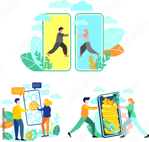 A man and a woman work with the phone. Earning money via mobile phone. Modern flat colorful vector illustration.