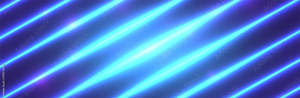 Abstract neon background. Bright blue cyan glow. Diagonal lights. Inclined stripes. Wide backdrop