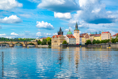 The landscape of the city of Prague view from the Vltava river on the ancient architecture of the city