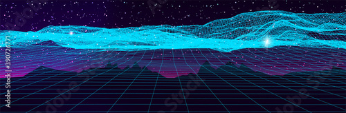 Perspective grid background. Thin cyan line landscape. Retro futuristic 80s style template