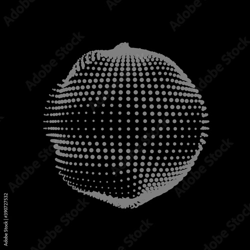 A deformed deflating sphere formed from a sea of dots. An unstable sphere, iridescent with abstract smooth deformations.