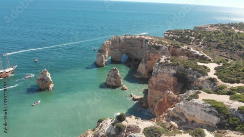 Aerial view of the heart of Praia da Marinha (Marinha Beach) in the beautiful coast along in Algarve, Portugal