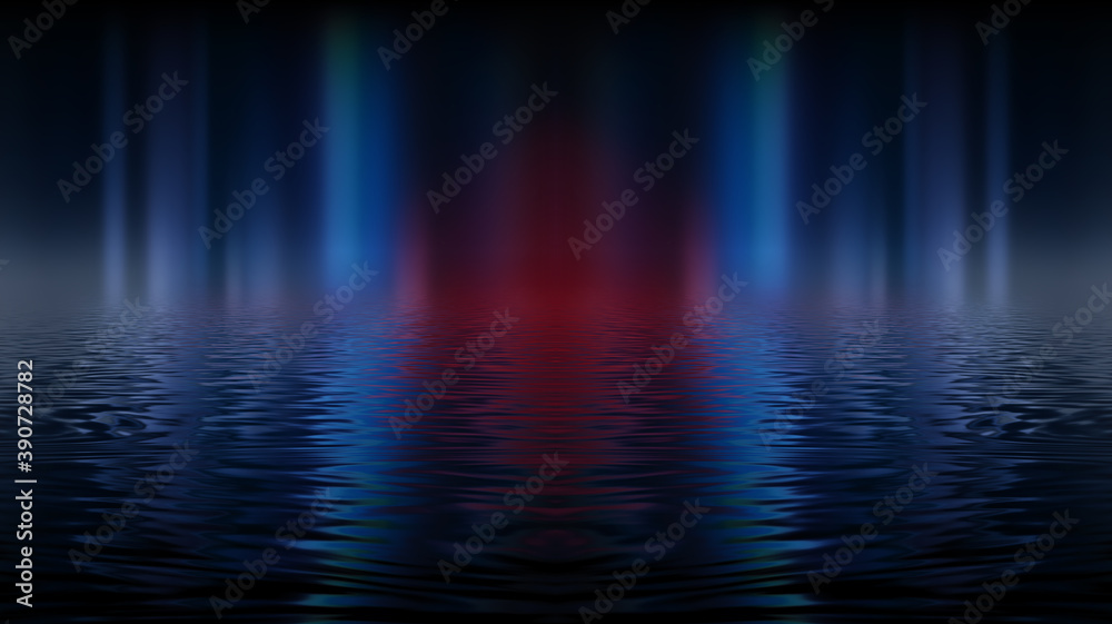 Fototapeta premium Empty futuristic dramatic scene. Abstract dark landscape, street. Neon light fluid element. Night view, neon blue light. Fantasy background. 3D illustration