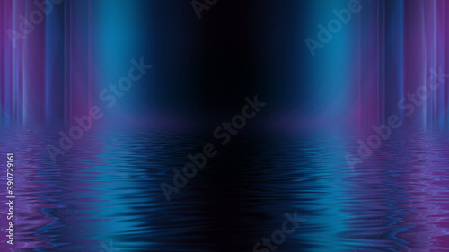 Empty futuristic dramatic scene. Abstract dark landscape, street. Neon light fluid element. Night view, neon blue light. Fantasy background. 3D illustration