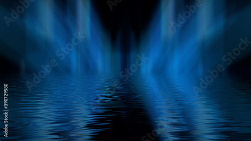 Empty futuristic dramatic scene. Abstract dark landscape, street. Neon light fluid element. Night view, neon blue light. Fantasy background. 3D illustration