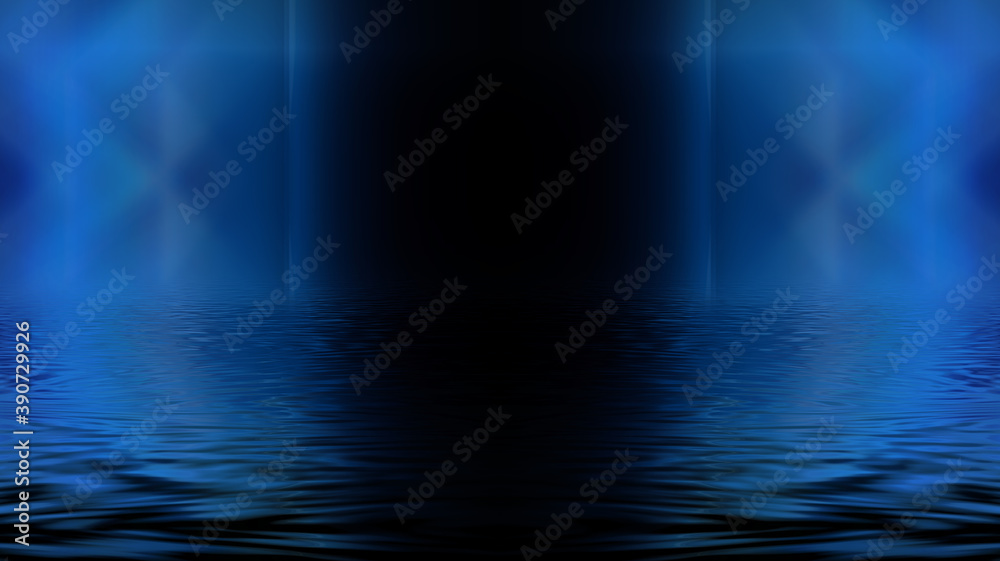 Fototapeta premium Empty futuristic dramatic scene. Abstract dark landscape, street. Neon light fluid element. Night view, neon blue light. Fantasy background. 3D illustration