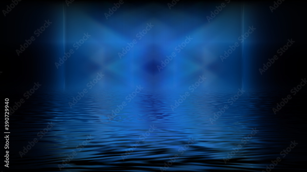 Empty futuristic dramatic scene. Abstract dark landscape, street. Neon light fluid element. Night view, neon blue light. Fantasy background. 3D illustration Empty futuristic dramatic scene. Abstract dark landscape, street. Neon light fluid element. Night view, neon blue light. Fantasy background. 3D illustration