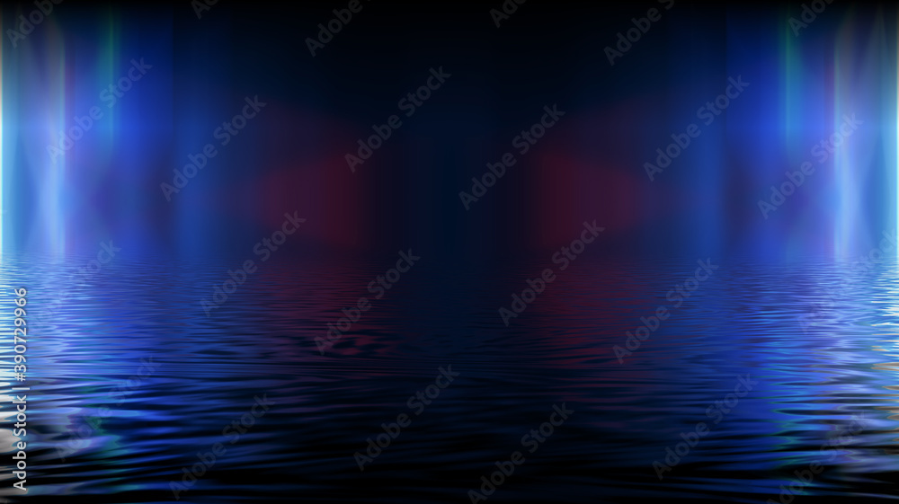 Fototapeta premium Empty futuristic dramatic scene. Abstract dark landscape, street. Neon light fluid element. Night view, neon blue light. Fantasy background. 3D illustration