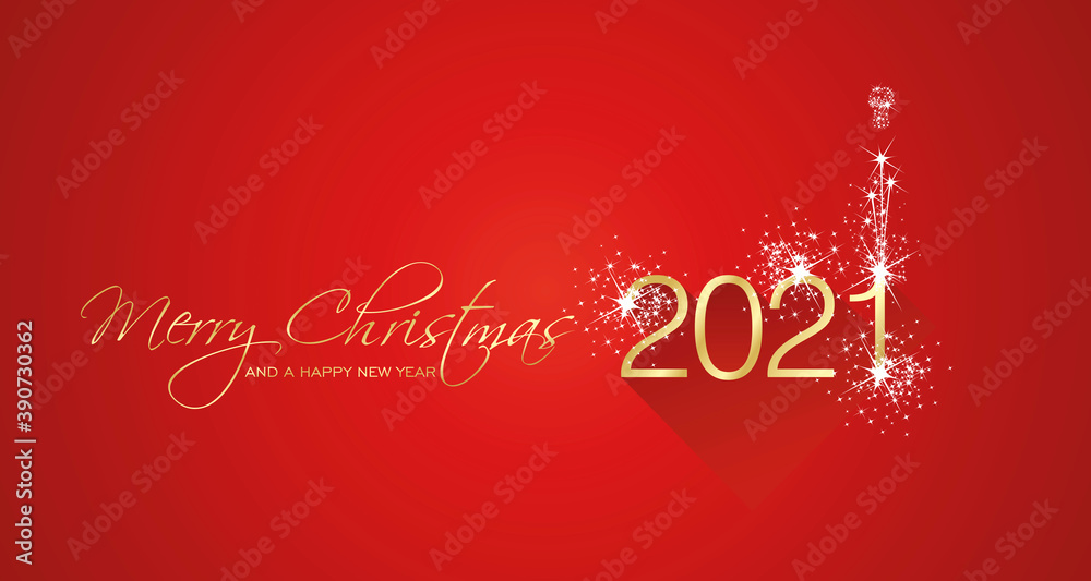 Merry Christmas beautiful calligraphy New Year 2021 shining firework gold white red greeting card