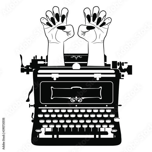 Vintage mechanical typewriter with aggressive female hands with long nails emerging from it. Creative concept. Black and white silhouette.