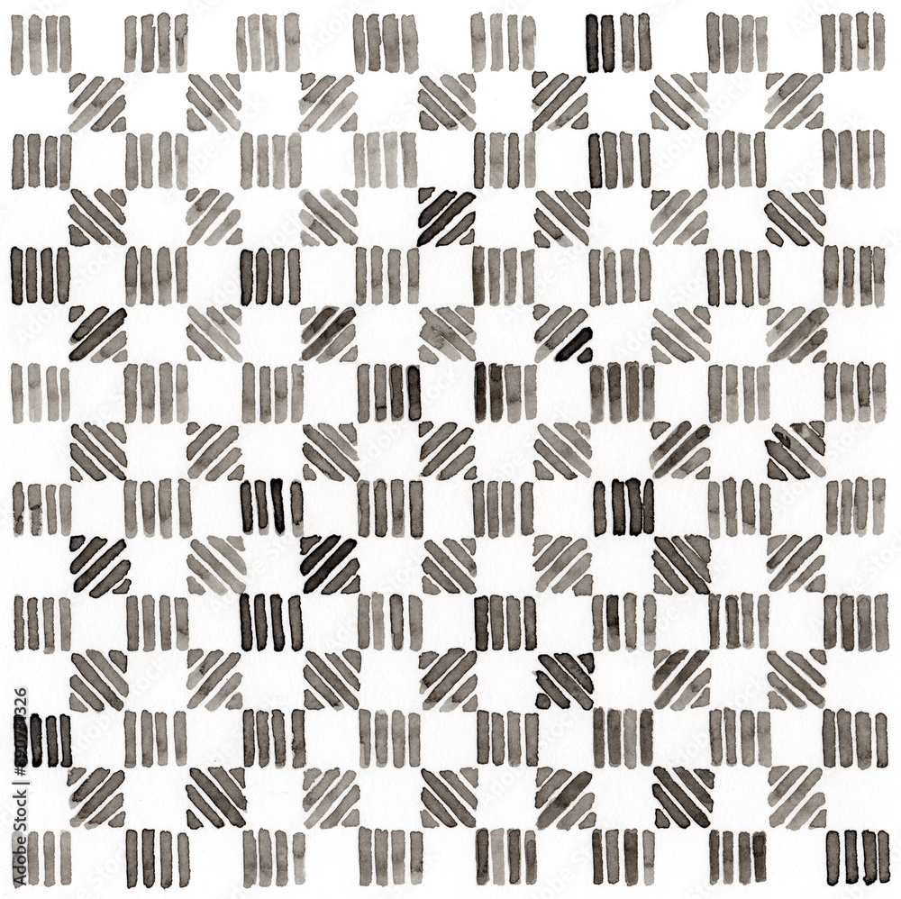 The checkered pattern in gray and black has horizontal and vertical stripes ,watercolor technique hand drawn
