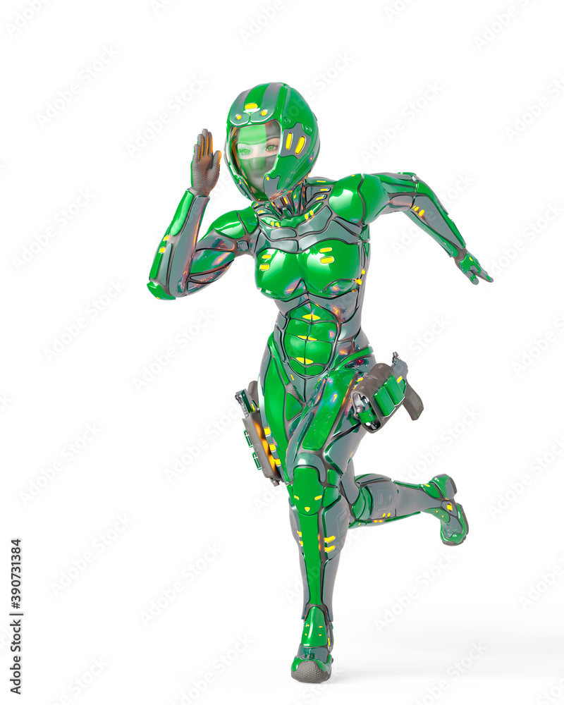 astronaut girl on sci-fi suit is running