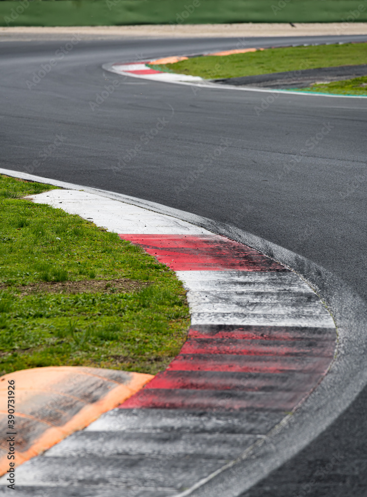 Double turn chicane asphalt track motor sport circuit surface level view