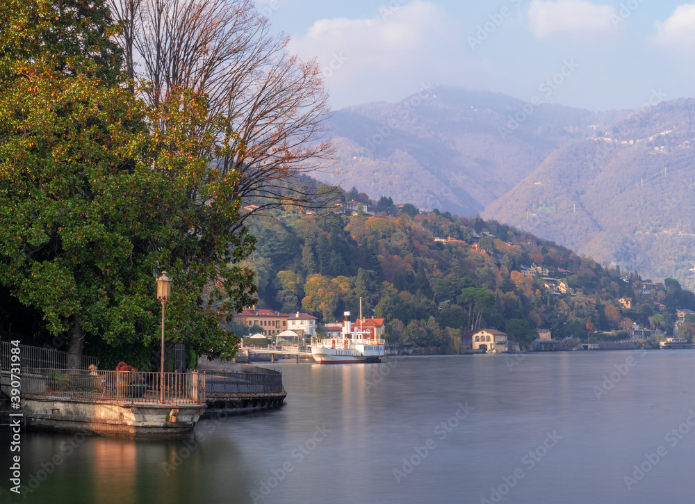 autumn landscape from the scenic lakeside promenade of Como.Como Lake, Lombardy, Italian Lakes, Italy
