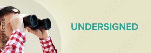 Undersigned. Man observing with binoculars. Turquoise Text/word on beige background. Panorama photo