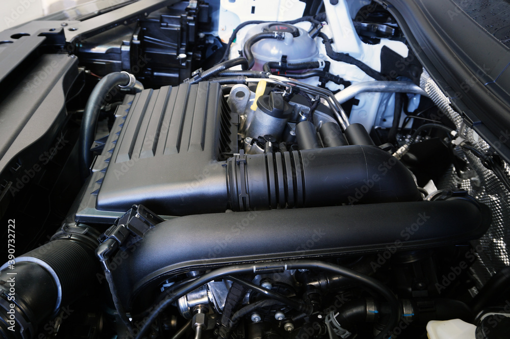 Modern clean luxury car engine close up.