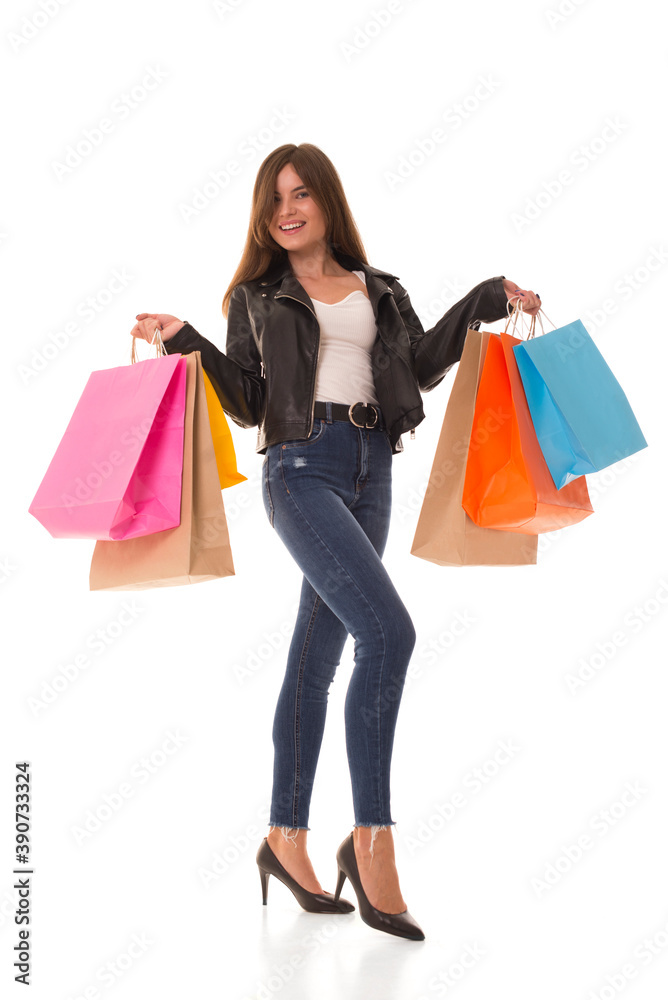 Beautiful girl in heels stands with packages in her hands. Buyer stands with new purchases in his hands after the sale. 