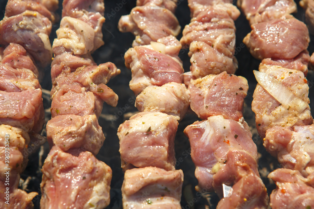 Raw pork meat skewers on wooden skewers close up