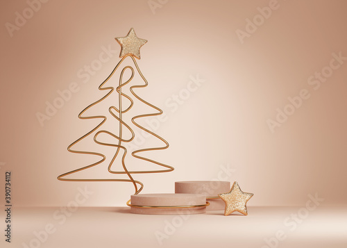 3D Christmas background. Beige podium, display set with gold glitter and Christmas tree line art. Beauty, cosmetic product presentation. Minimal pastel pedestal showcase. Abstract, winter 3D render.