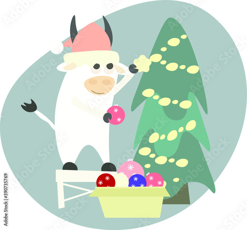 White bull decorating the Christmas tree. Vector for New Year cards, illustrations.