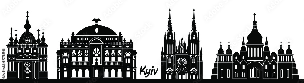 Fototapeta premium Kyiv landmarks in black colors. Isolated vector banner.