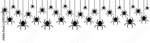Black spiders hanging on a web. Vector banner. Use for printing, posters, T-shirts, textile drawing, print pattern. Follow other spiders patterns in my collection.