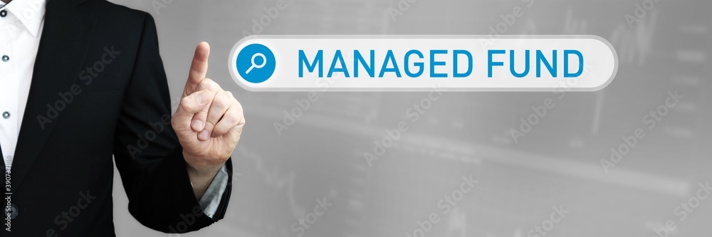 Managed Fund. Man pointing with his finger at search box in internet browser. Word/Text (blue) in the search. Managed Fund. Man pointing with his finger at search box in internet browser. Word/Text (blue) in the search.