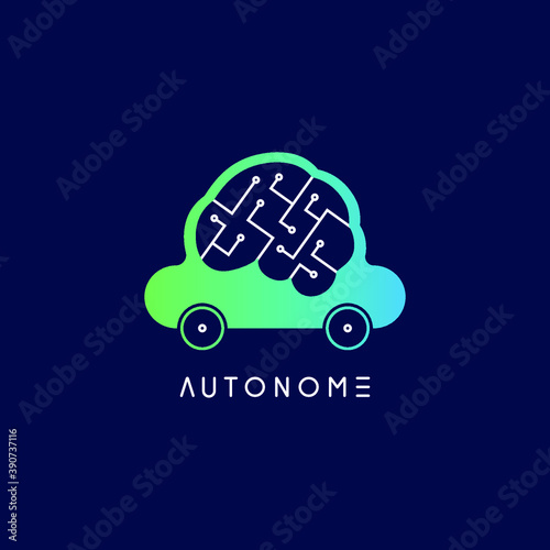 Gradient logo for self driving car. Autonomous car logo company. Driverless car simple vector design. Modern technology logo. Blue and green car-brain modern illustration. Driverless car system