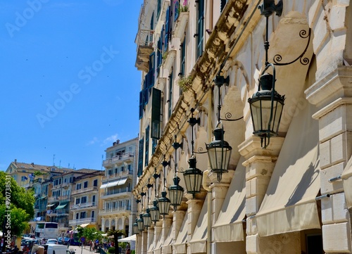 Running parallel to the western edge of Spianada Square is the Liston, a long building with an exquisite colonnade and a row of these overhead street lamps.