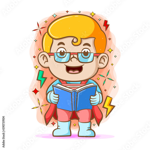 The boy holding the blue book and using the glasses
