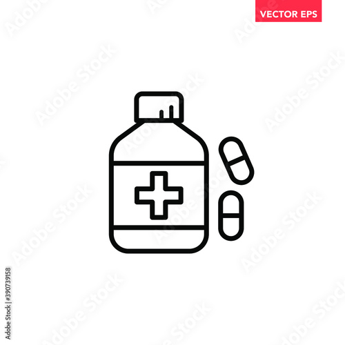 Black single medicine bottle line icon, simple health equipment flat design vector pictogram, infographic vector for app logo web website button ui ux interface elements isolated on white background