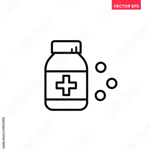 Black single medicine bottle line icon, simple health equipment flat design vector pictogram, infographic vector for app logo web website button ui ux interface elements isolated on white background