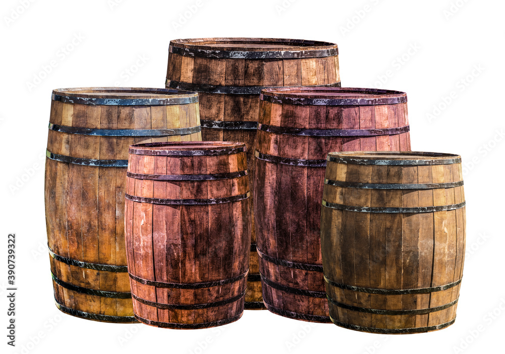 Fototapeta premium group of vertical barrels brown and red with iron hoops, traditionally used to store strong alcohol, rum or whiskey