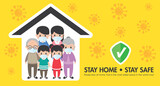Family wearing protective Surgery / Medical mask for prevent virus Covid-19. Dad, Mom, Daughter, Son, grandfather and grandmother stay at home banner illustration.