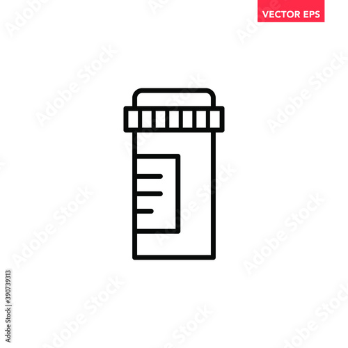 Black single pill bottle line icon, simple health equipment flat design vector pictogram, infographic vector for app logo web website button ui ux interface elements isolated on white background