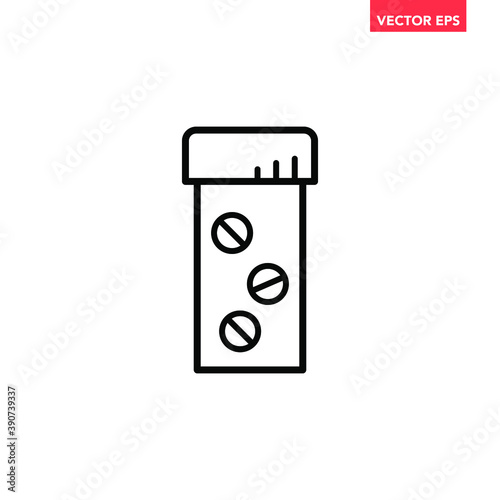 Black single pills bottle line icon, simple health equipment flat design vector pictogram, infographic vector for app logo web website button ui ux interface elements isolated on white background