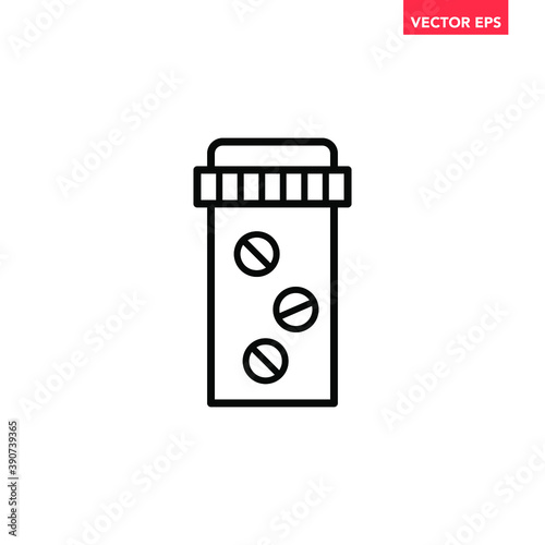 Black single pills bottle line icon, simple health equipment flat design vector pictogram, infographic vector for app logo web website button ui ux interface elements isolated on white background