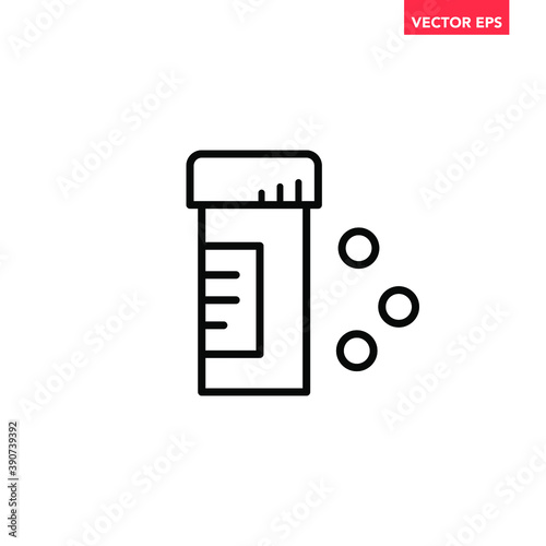 Black single pills bottle line icon, simple health equipment flat design vector pictogram, infographic vector for app logo web website button ui ux interface elements isolated on white background