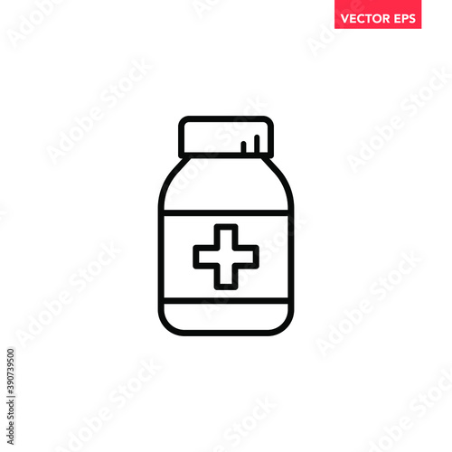 Black single medicine bottle line icon, simple health equipment flat design vector pictogram, infographic vector for app logo web website button ui ux interface elements isolated on white background