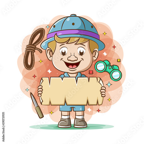 The traveller in the jungle holding the old blank book with the explorer tools around him