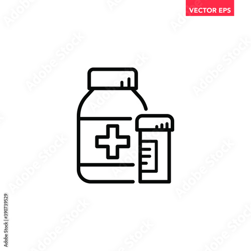 Black medicine bottles line icon, simple health equipment flat design vector pictogram, infographic vector for app logo web website button banner ui ux interface elements isolated on white background