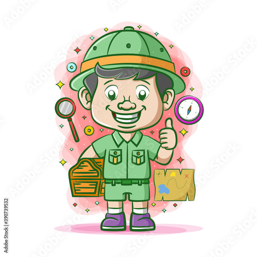 The traveller with the green uniform finding the treasure chest near with the maps