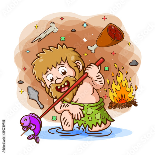The primordial man doing for eat the fish from the river and burning it
