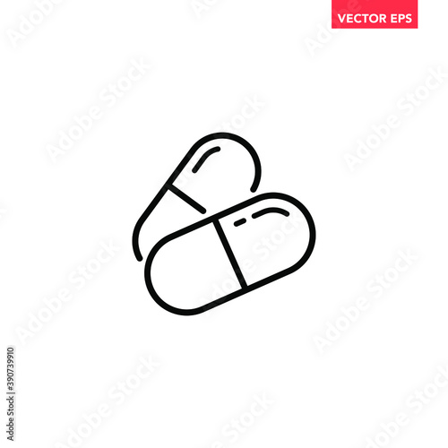 Black pills line icon, simple health equipment flat design vector pictogram, infographic vector for app logo web website button banner ui ux interface elements isolated on white background