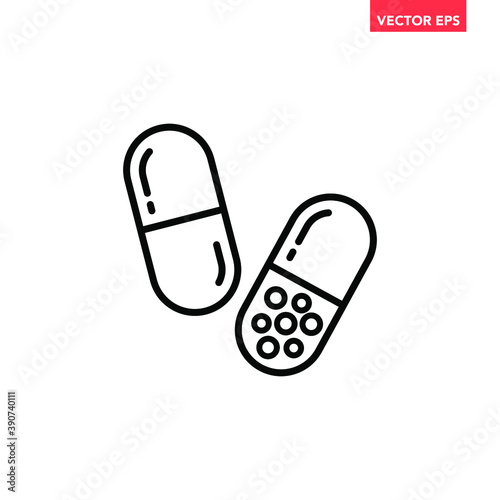 Black pills line icon, simple health equipment flat design vector pictogram, infographic vector for app logo web website button banner ui ux interface elements isolated on white background